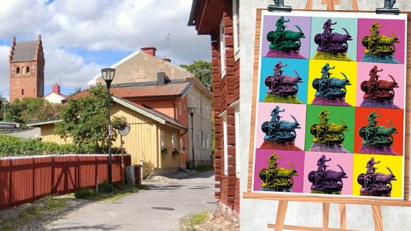 Sammansatt bild av gatuvy och staffli.